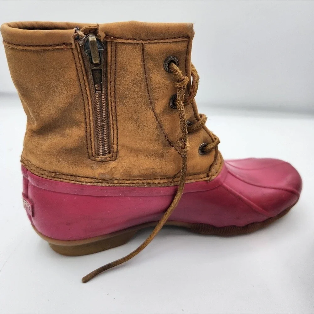 Sperry Top-Sider Duck Boots Pink Tan Lace Up Ankle Boots Rubber Sole Shoes‎